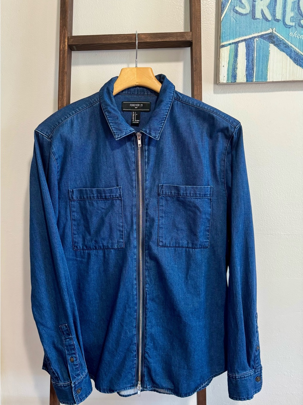 Forever 21 Men's Dark Blue Zip-Up Denim Shirt Jacket
